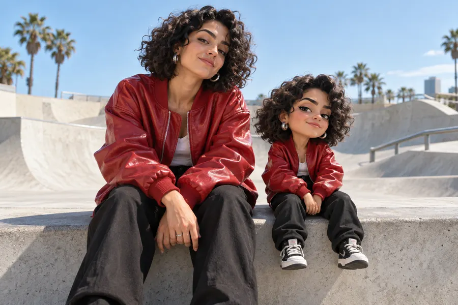A woman in a red jacket sits beside her stylized 3D double